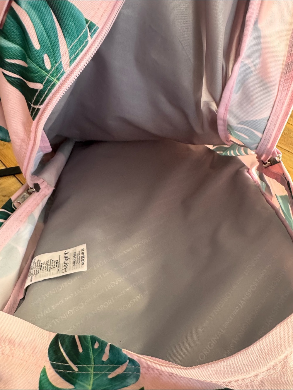 Jansport Pink Backpack with Green Tropical Leaf Print - Picture 6 of 13